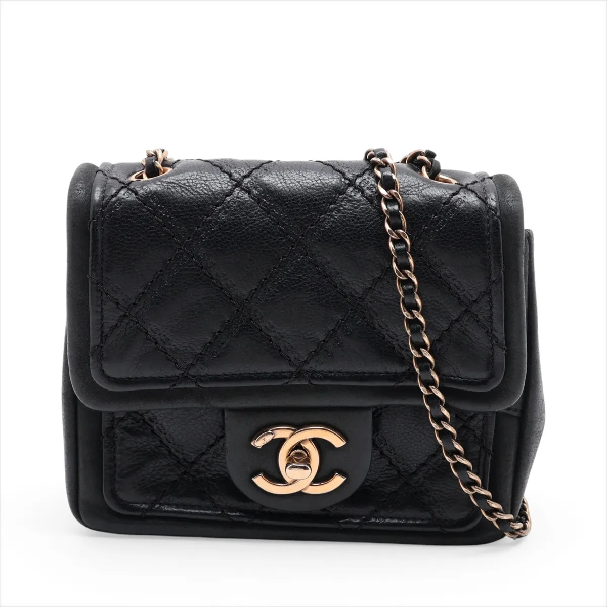 Chanel Wild Stitch Leather Single Flap Single Chain Bag Black Gold Metal Fitting