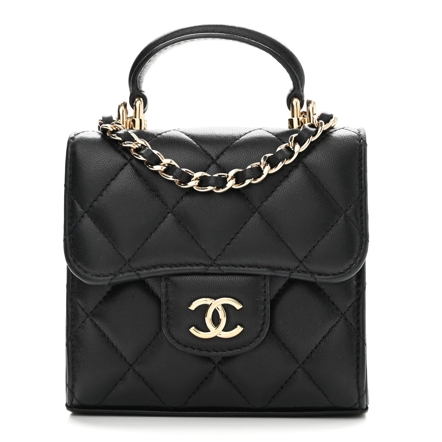Chanel Lambskin Quilted Top Handle Flap Clutch With Chain Black