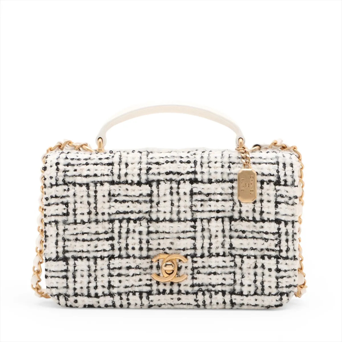 Chanel Coco Mark Tweed x sequins 2 Way Shoulder Bag White x black Gold Metal Fit