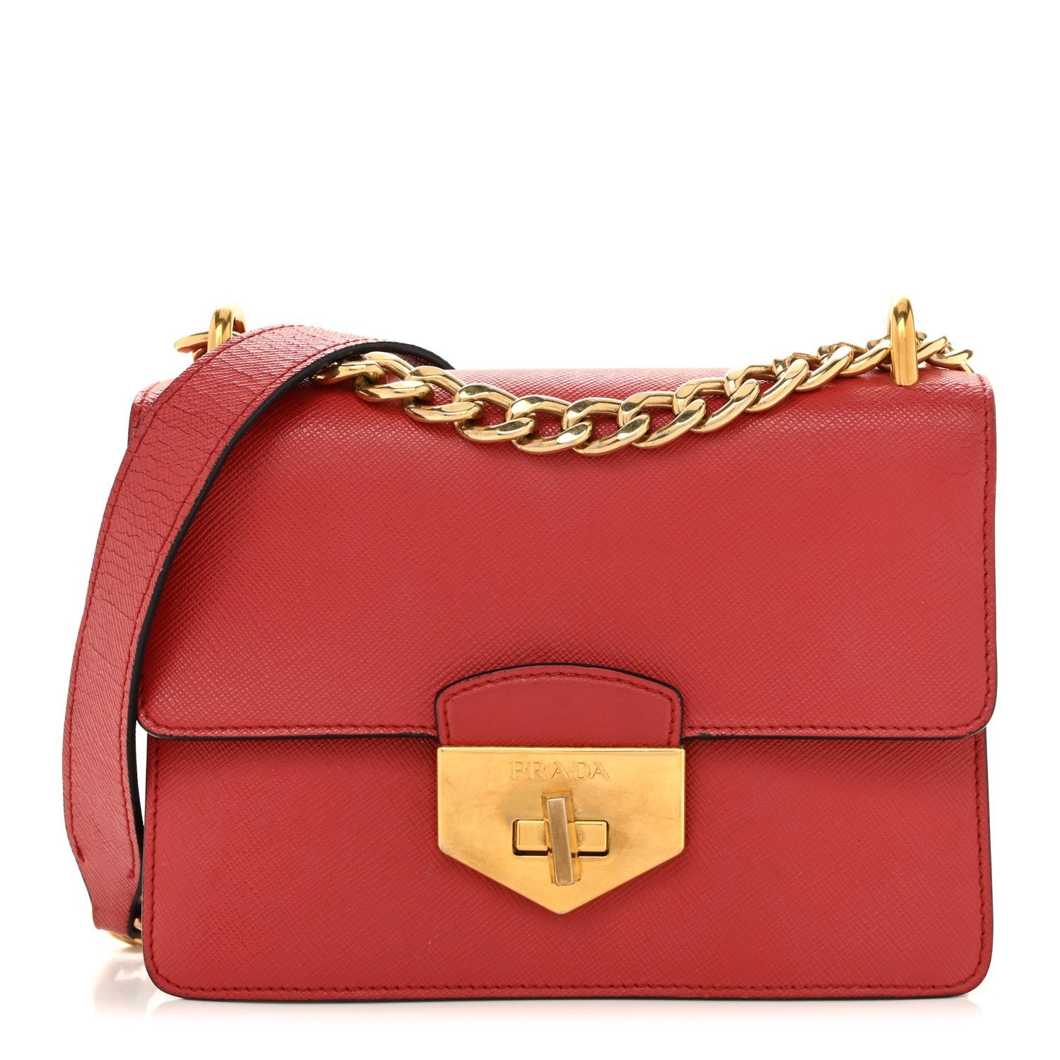 Prada Prada Saffiano Turn Lock Chain Shoulder Bag Fuoco
