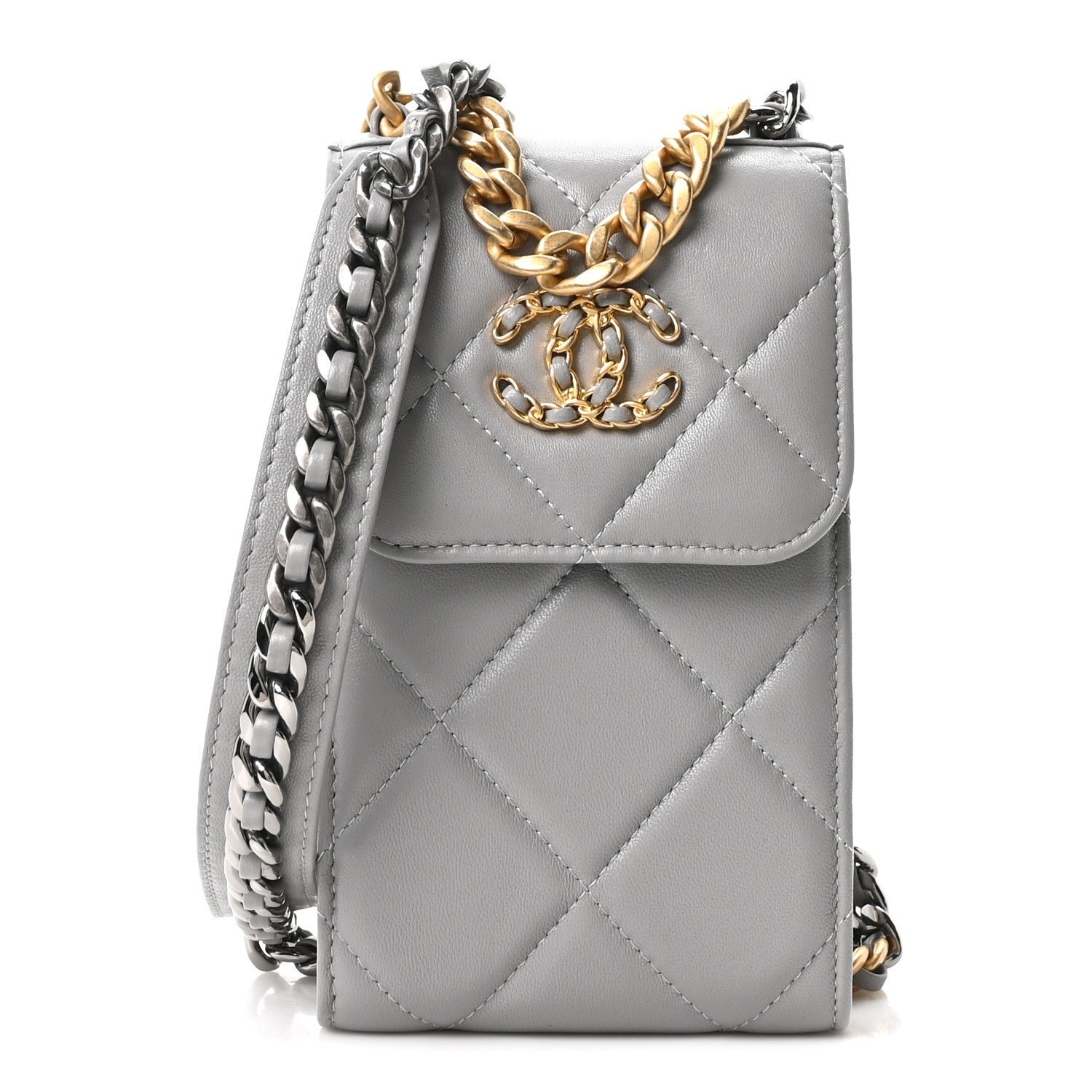 Chanel Lambskin Quilted Chanel 19 Phone Holder With Chain Grey