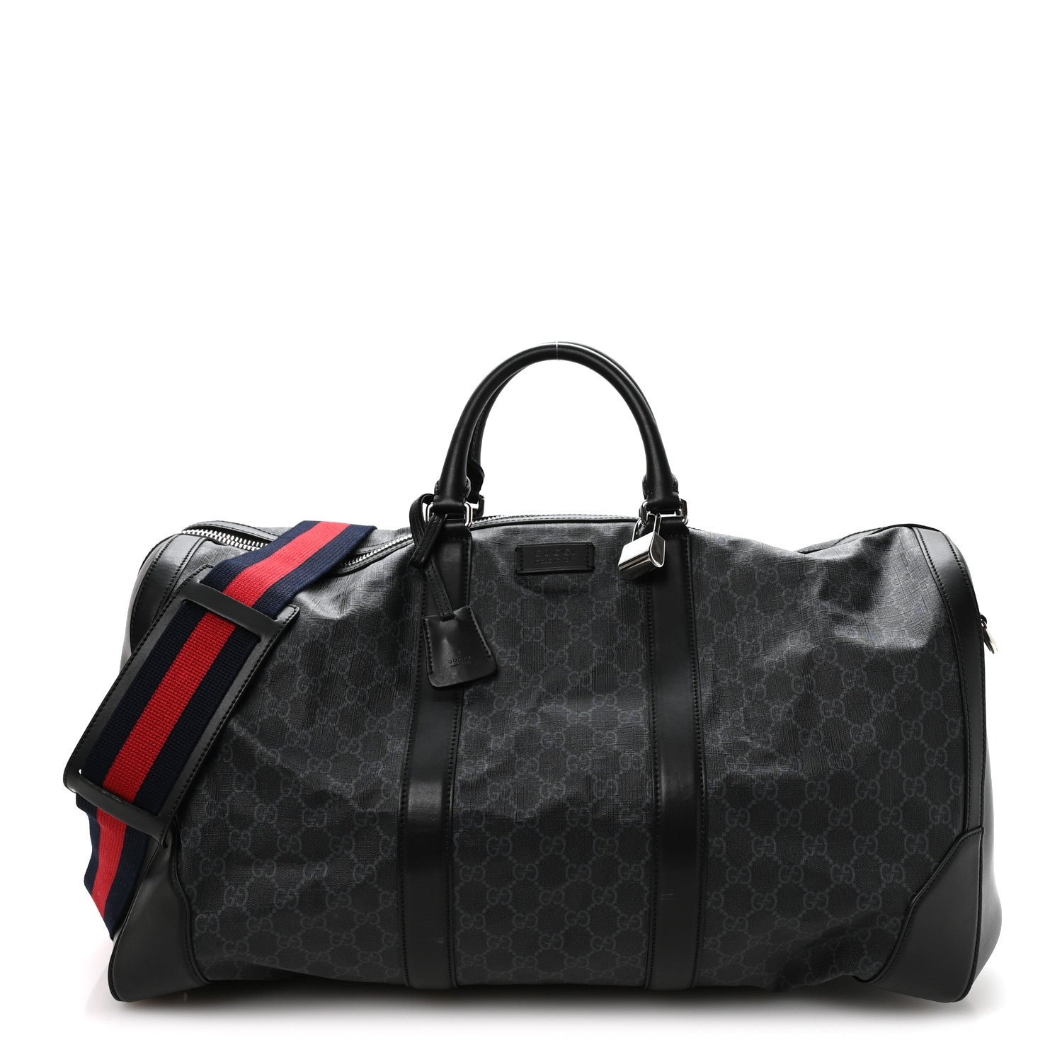 Gucci Soft GG Supreme Monogram Appia Calfskin Web Large Carry On Duffle Bag Black Grey