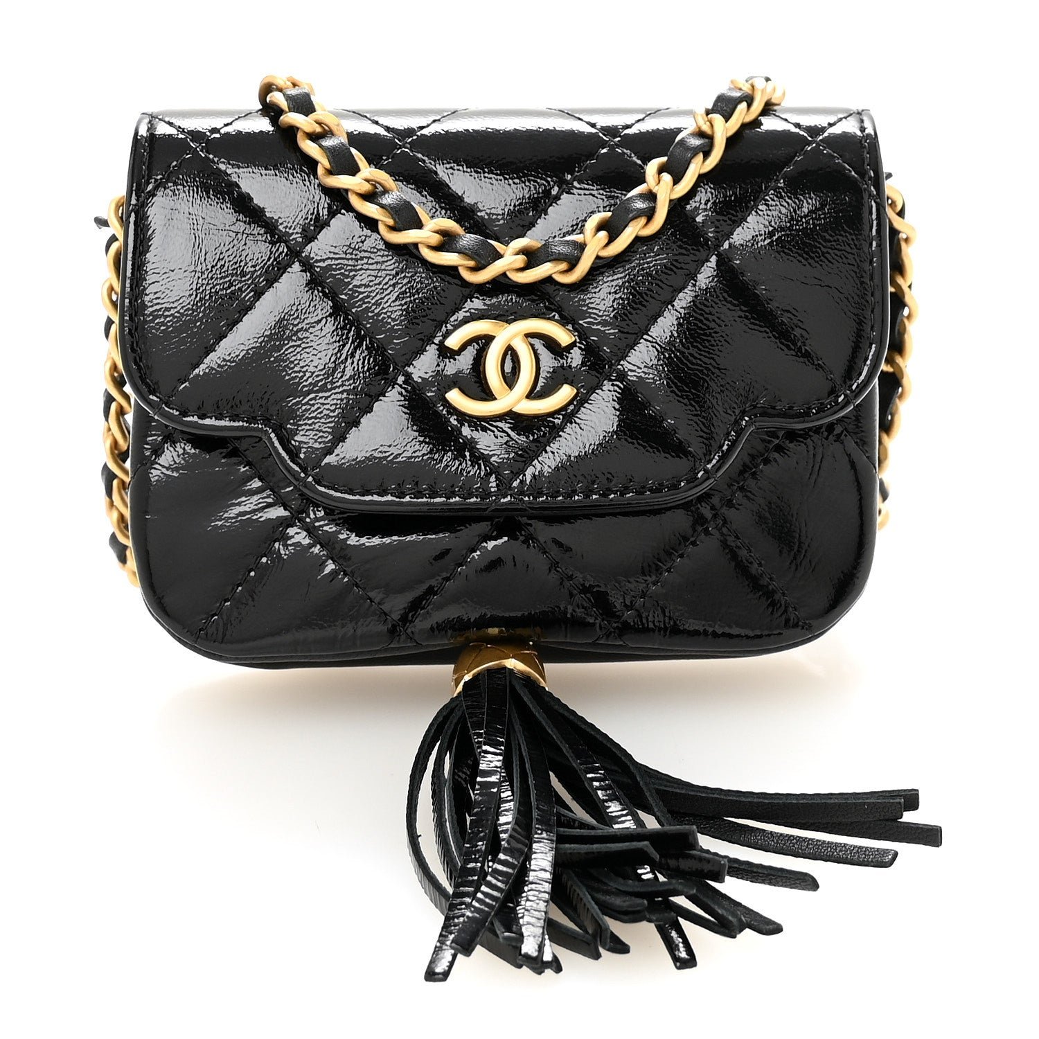Chanel Crumpled Patent Lambskin Quilted Tassel Clutch With Chain Black