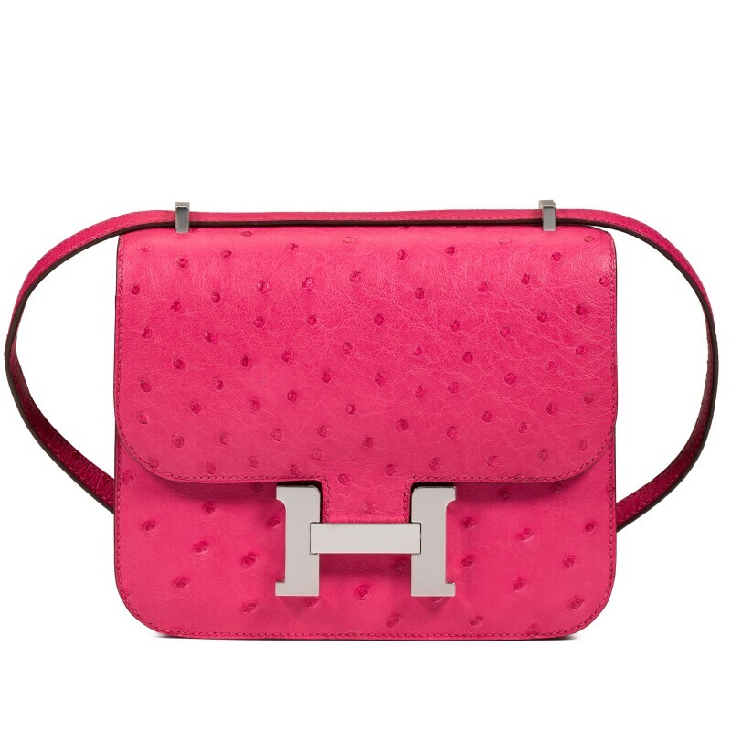 Hermes Rose Tyrien Ostrich Mini Constance 18 Palladium Hardware, 2020