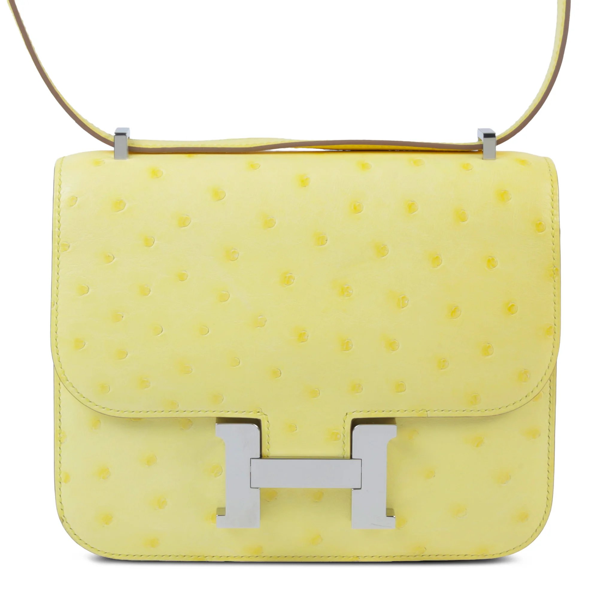 Very Good ( Rank A) HERMÈS Constance Mini Limoncello (0Y) Ostrich Palladium hardware B (2023)