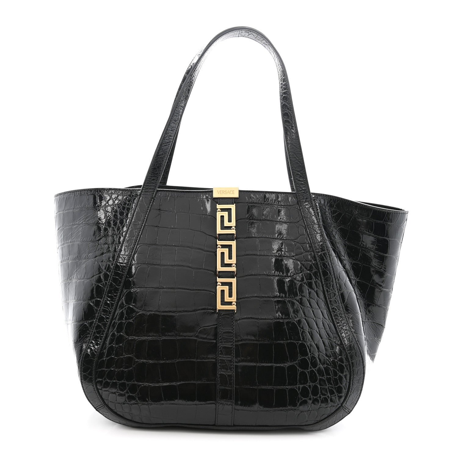 Versace Calfskin Crocodile Embossed Greca Goddess Tote Bag Black
