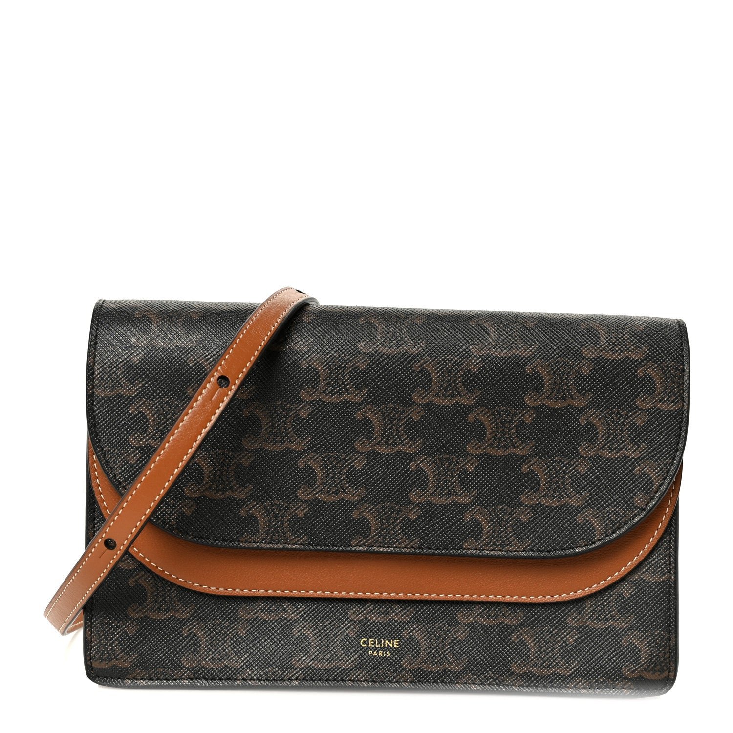 Celine Triomphe Canvas Lambskin Wallet On Strap Tan