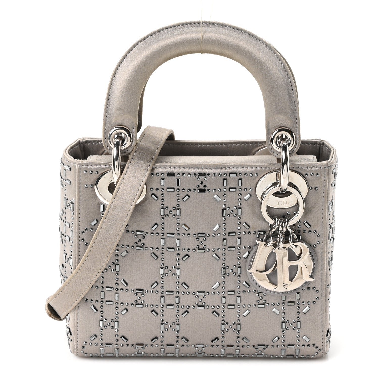 Christian Dior Satin Crystal Cannage Mini Lady Dior Gray