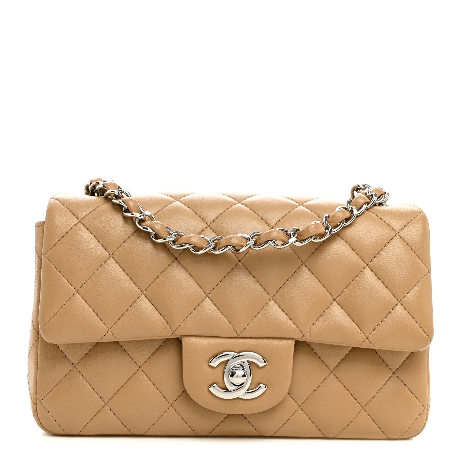 Chanel Lambskin Quilted Mini Rectangular Flap Beige