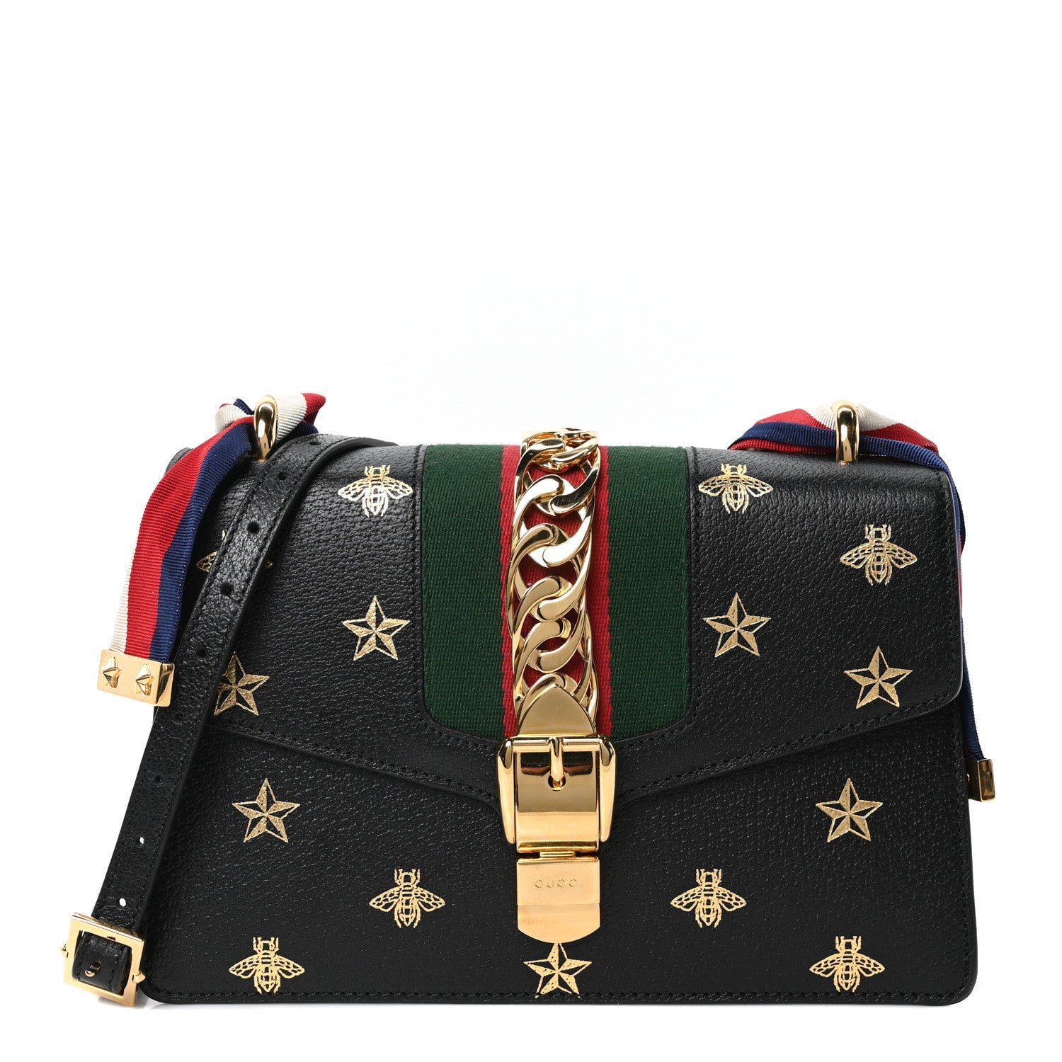 Gucci Textured Calfskin Bee Star Print Small Sylvie Shoulder Bag Black