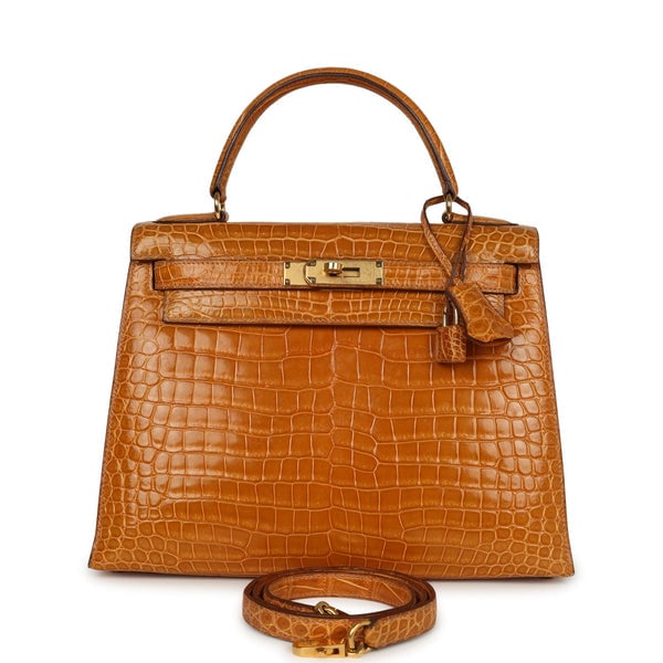 Hermes Vintage Hermes Kelly Sellier 28 Saffron Porosus Crocodile Gold Hardware