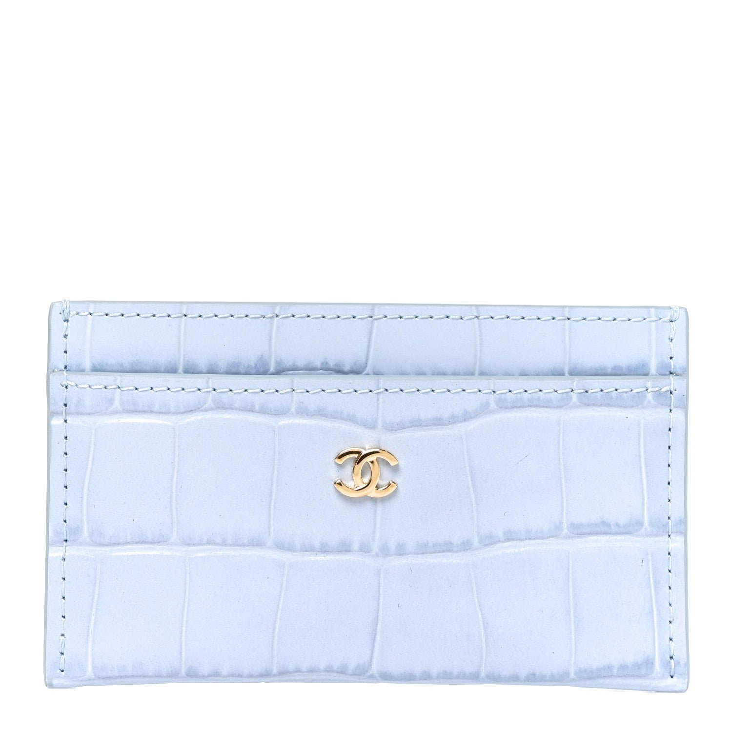 Chanel Calfskin Crocodile Embossed Crococo Card Holder Light Blue