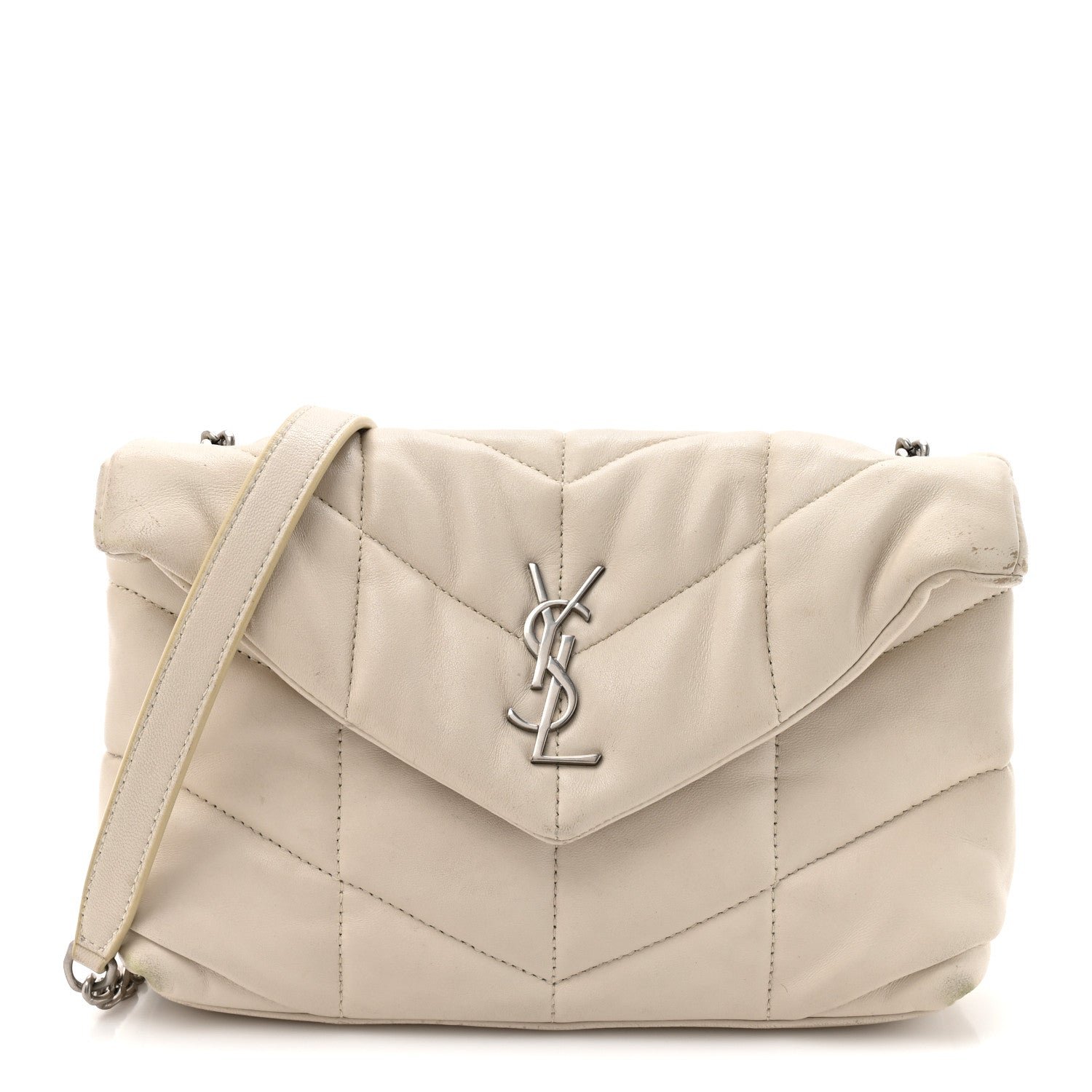 Saint Laurent Lambskin Quilted Toy Loulou Puffer Monogram Chain Satchel Crema Soft