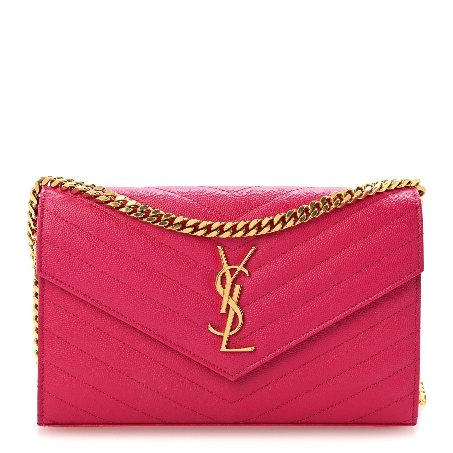 Saint Laurent Grain De Poudre Matelasse Chevron Monogram Chain Wallet Bubblegum