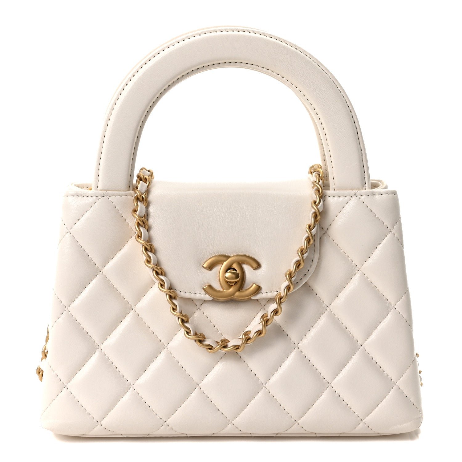 Chanel Shiny Aged Calfskin Quilted Nano Kelly Shopper White