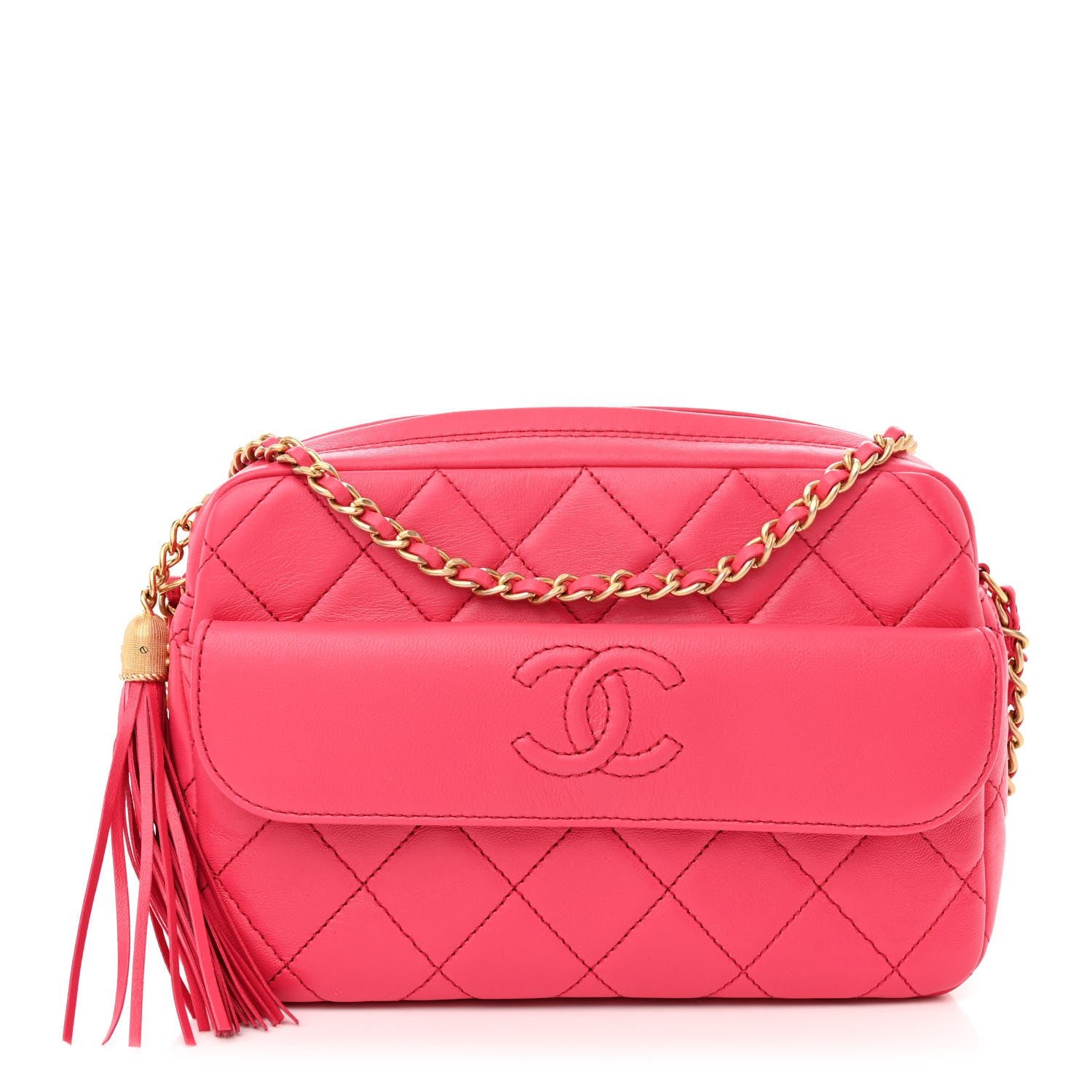 Chanel Lambskin Quilted Chain & Tassel Small Camera Case Fuchsia