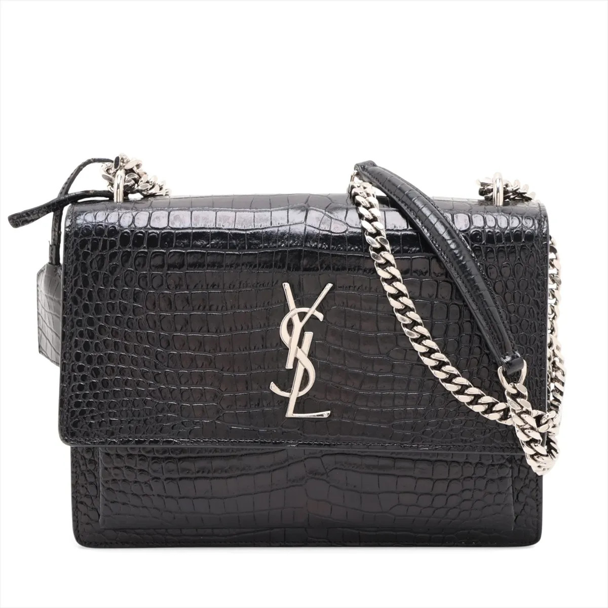 Saint Laurent Paris Sunset 442906 Mock Croc Chain Shoulder Bag Black