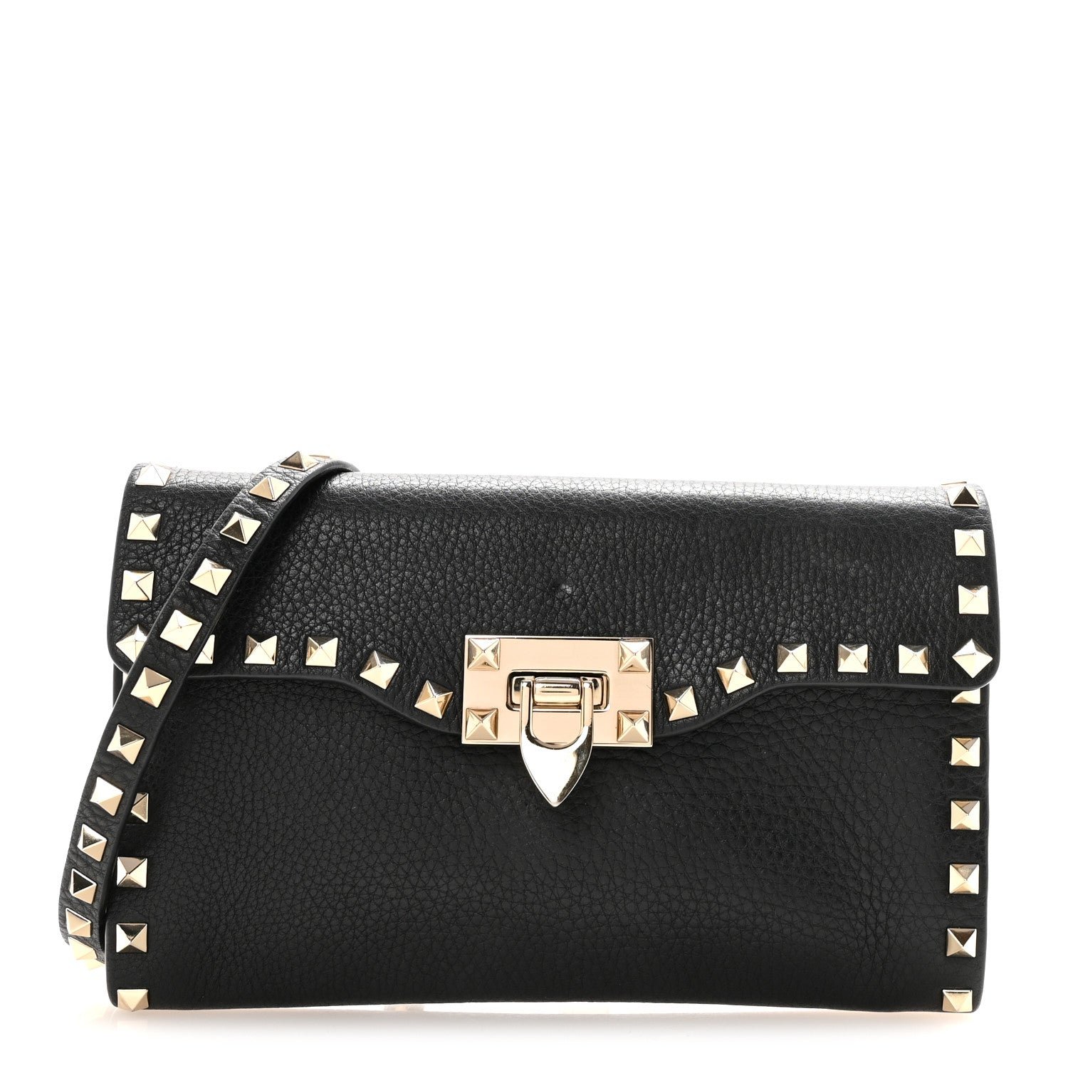 Valentino Garavani Pebbled Calfskin Rockstud Flip Lock Shoulder Bag Black