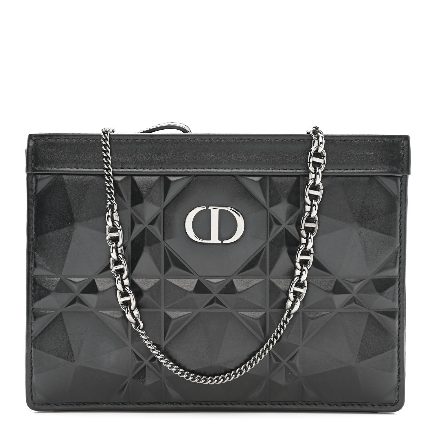 Christian Dior Calfskin Macrocannage Diamond Caro Zipped Pouch With Chain Black