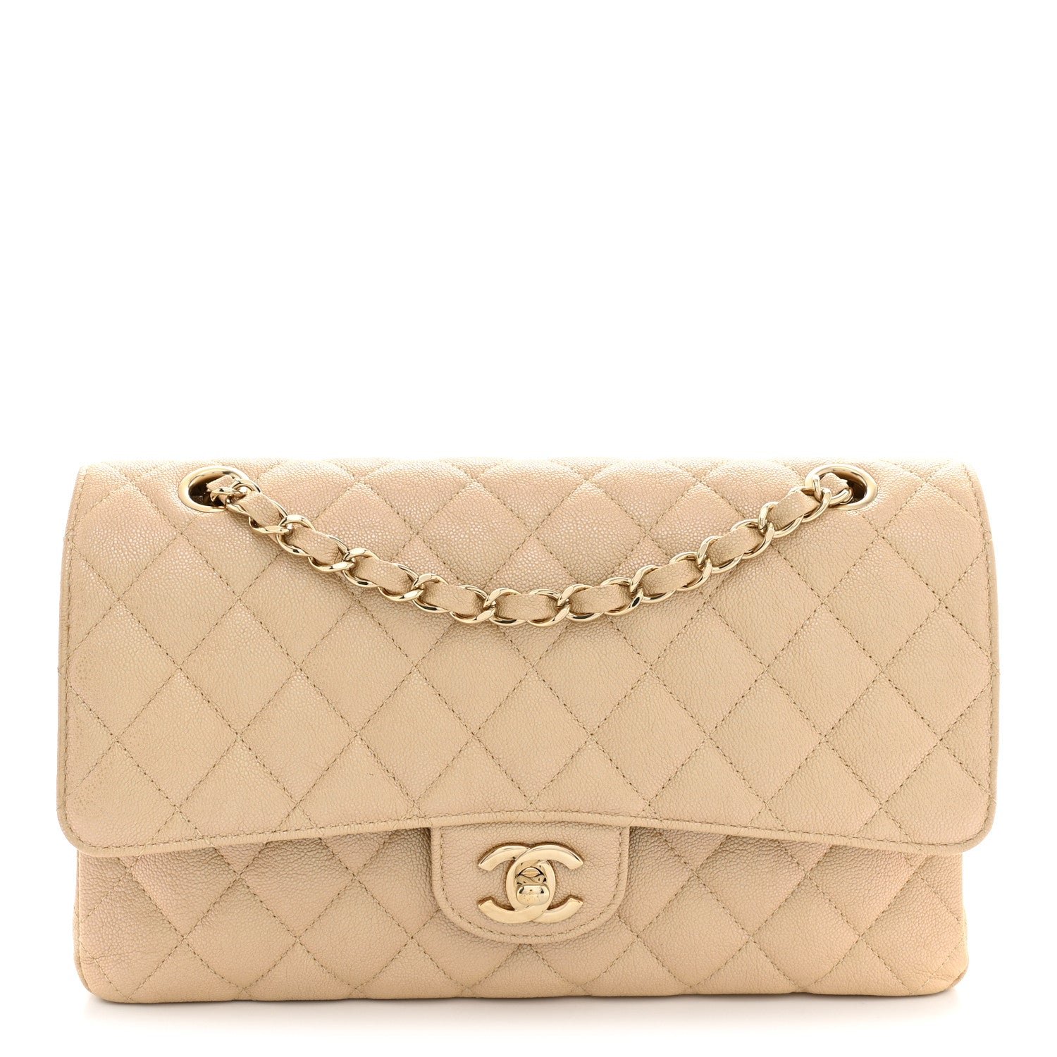 Chanel Iridescent Caviar Quilted Medium Double Flap Beige