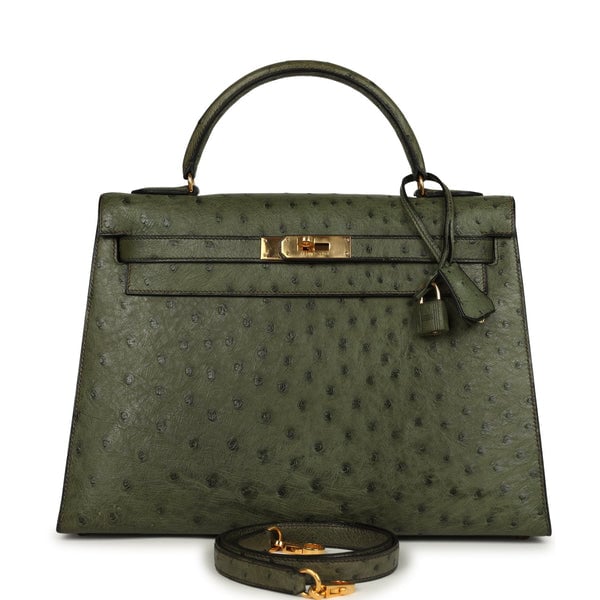 Hermes Vintage Hermes Kelly Sellier 32 Vert Olive Ostrich Gold Hardware