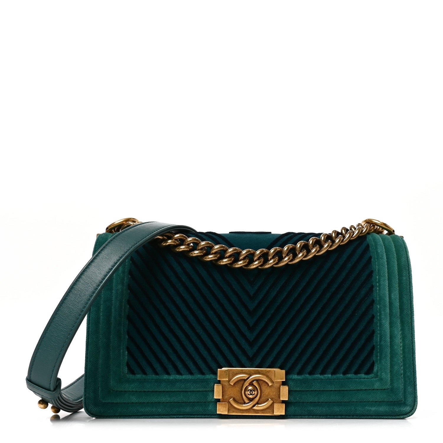 Chanel Velvet Chevron Quilted Medium Boy Flap Peacock Blue
