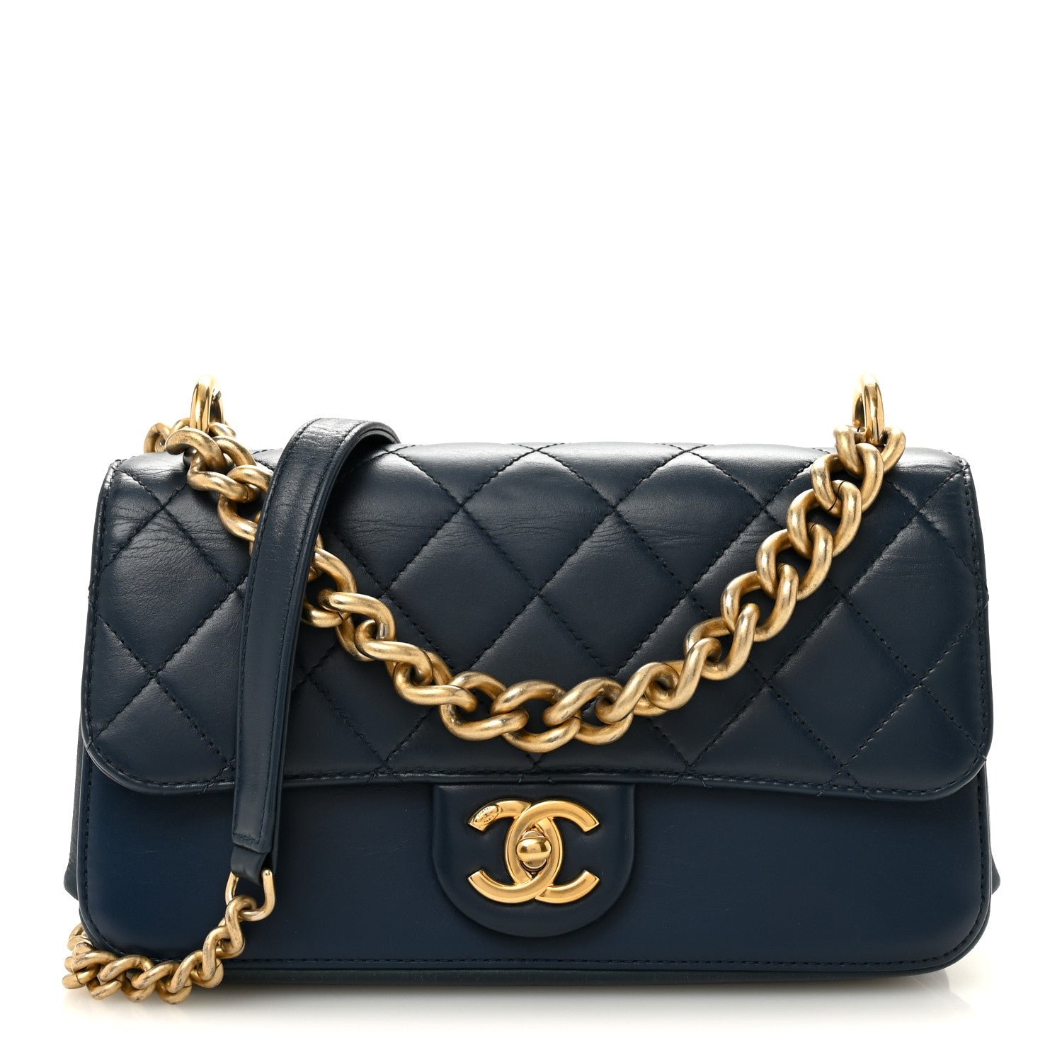 Chanel Glazed Calfskin Quilted Small Straight Lined Flap Blue