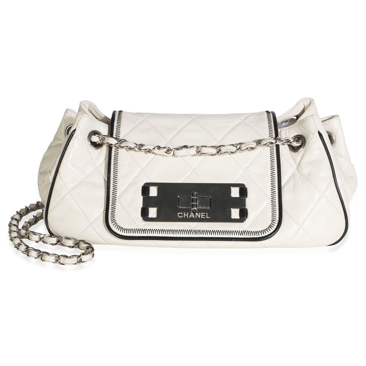White Quilted Lambskin Mademoiselle Lock East West Accordion Bag