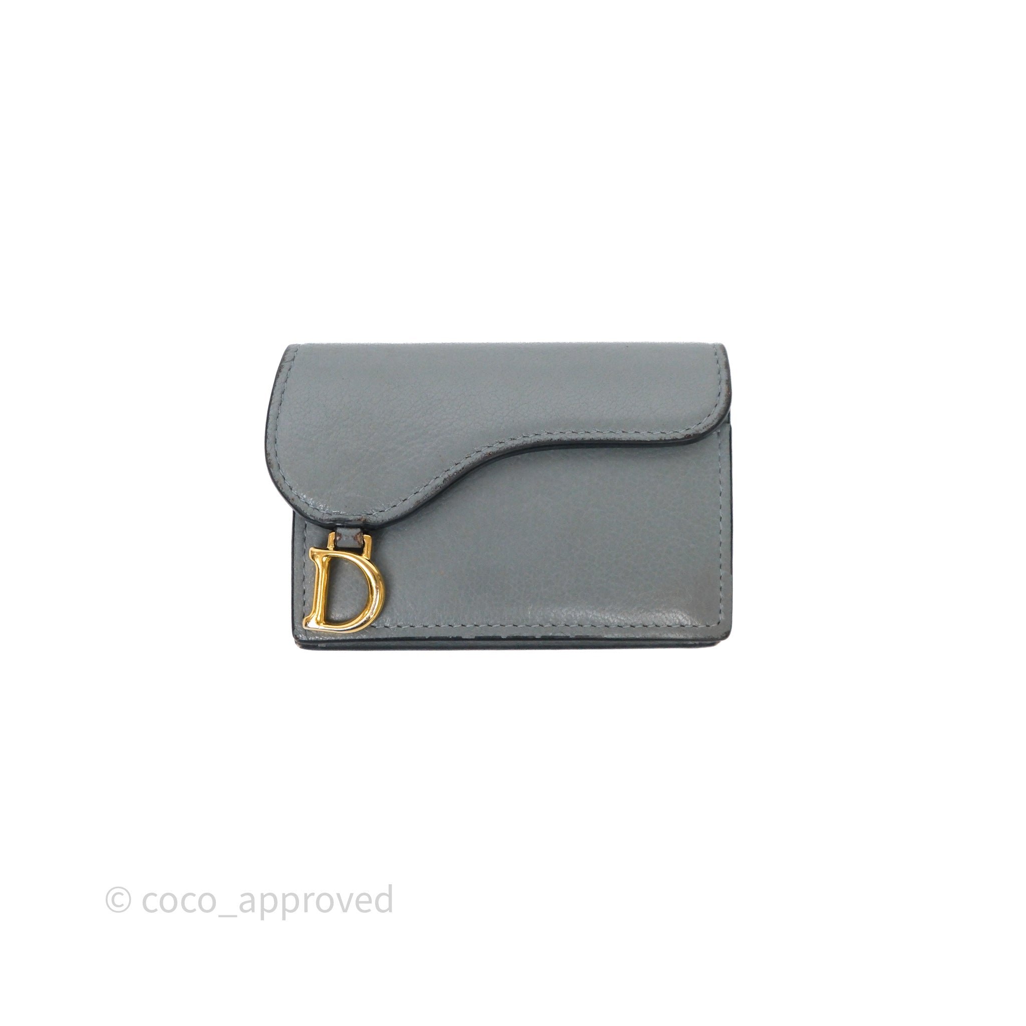 Christian Dior Saddle Bloom Card Holder Grey Goatskin Gold Hardware