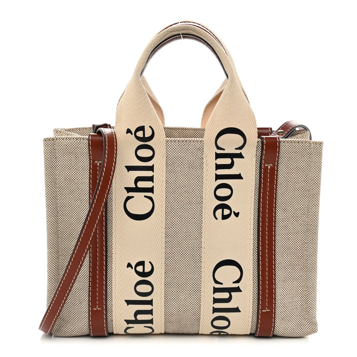 Chloe Cotton Calfskin Small Woody Ribbon Tote With Strap White Brown