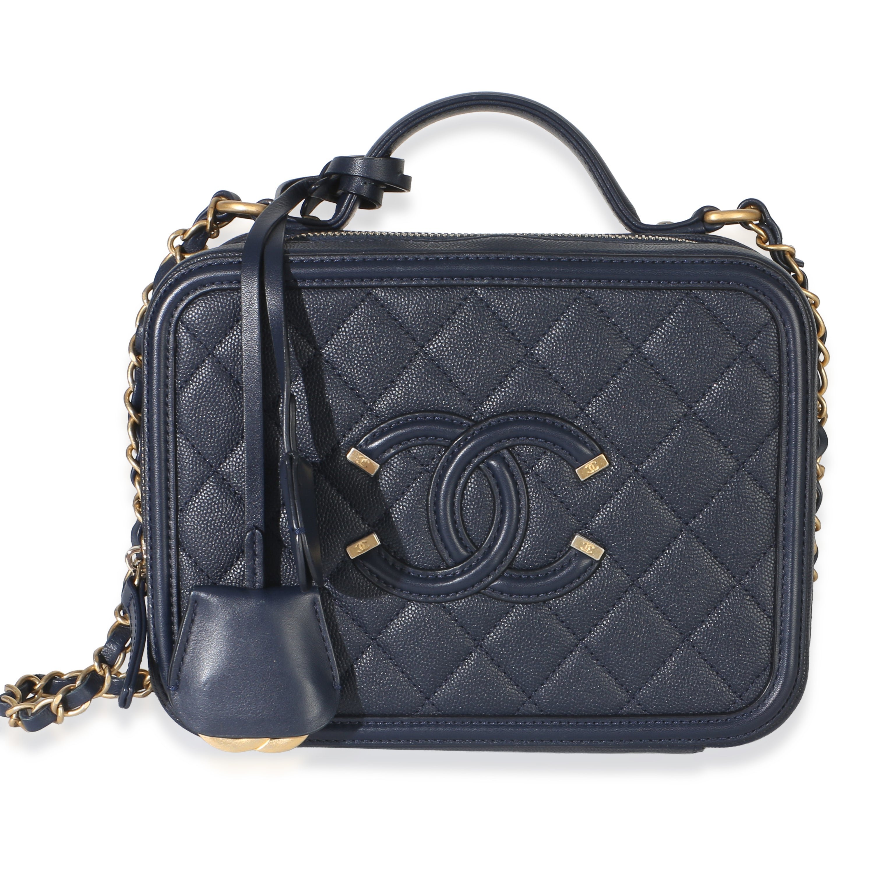 Navy Quilted Caviar Medium Filigree Vanity Case