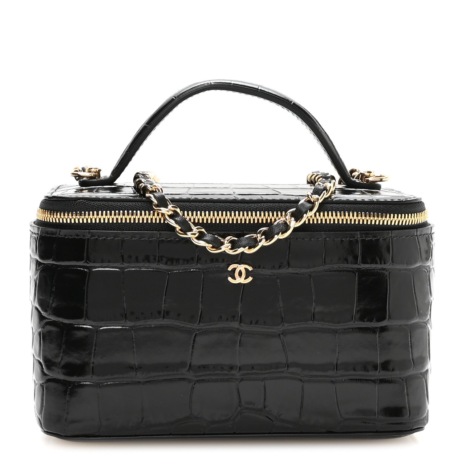 Chanel Calfskin Crocodile Embossed Crococo Small Top Handle Vanity Case With Chain Black