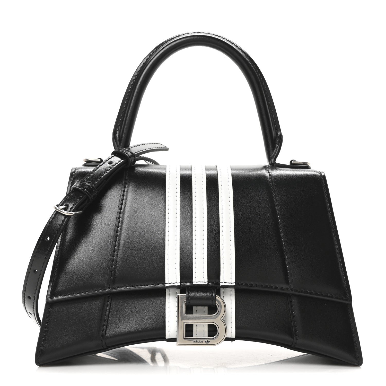 Balenciaga X ADIDAS Shiny Box Calfskin Small Hourglass Top Handle Bag Black White