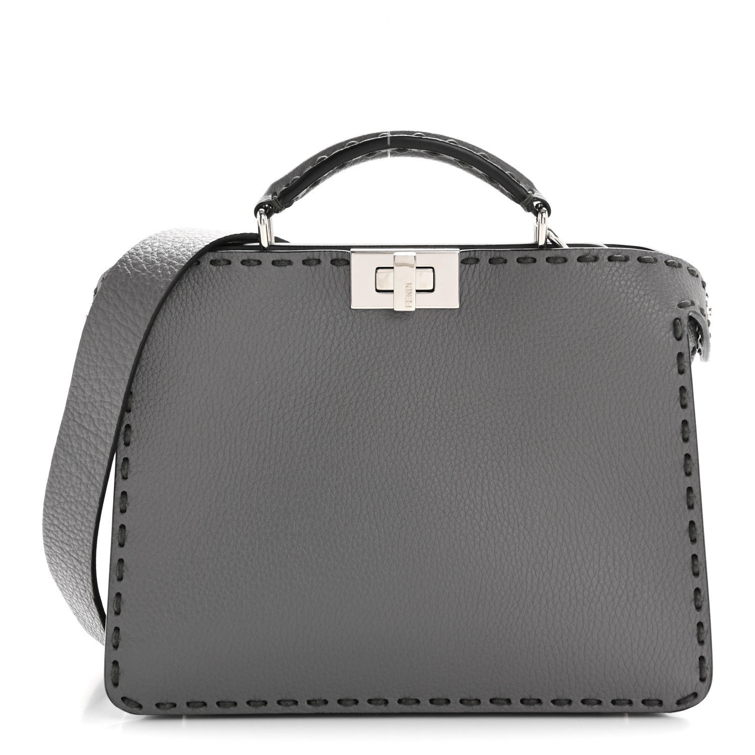 Fendi Cuoio Romano Selleria Macro Stitching Mini Peekaboo I SEE U Iconic Satchel Argento