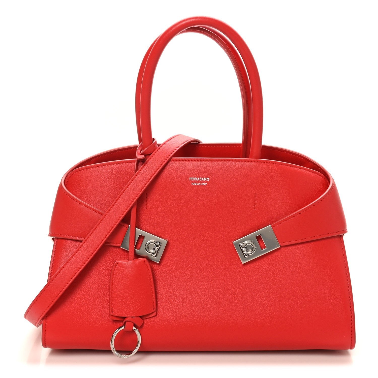 Salvatore Ferragamo Natural Grain Calfskin Medium Hug Bag Flame Red
