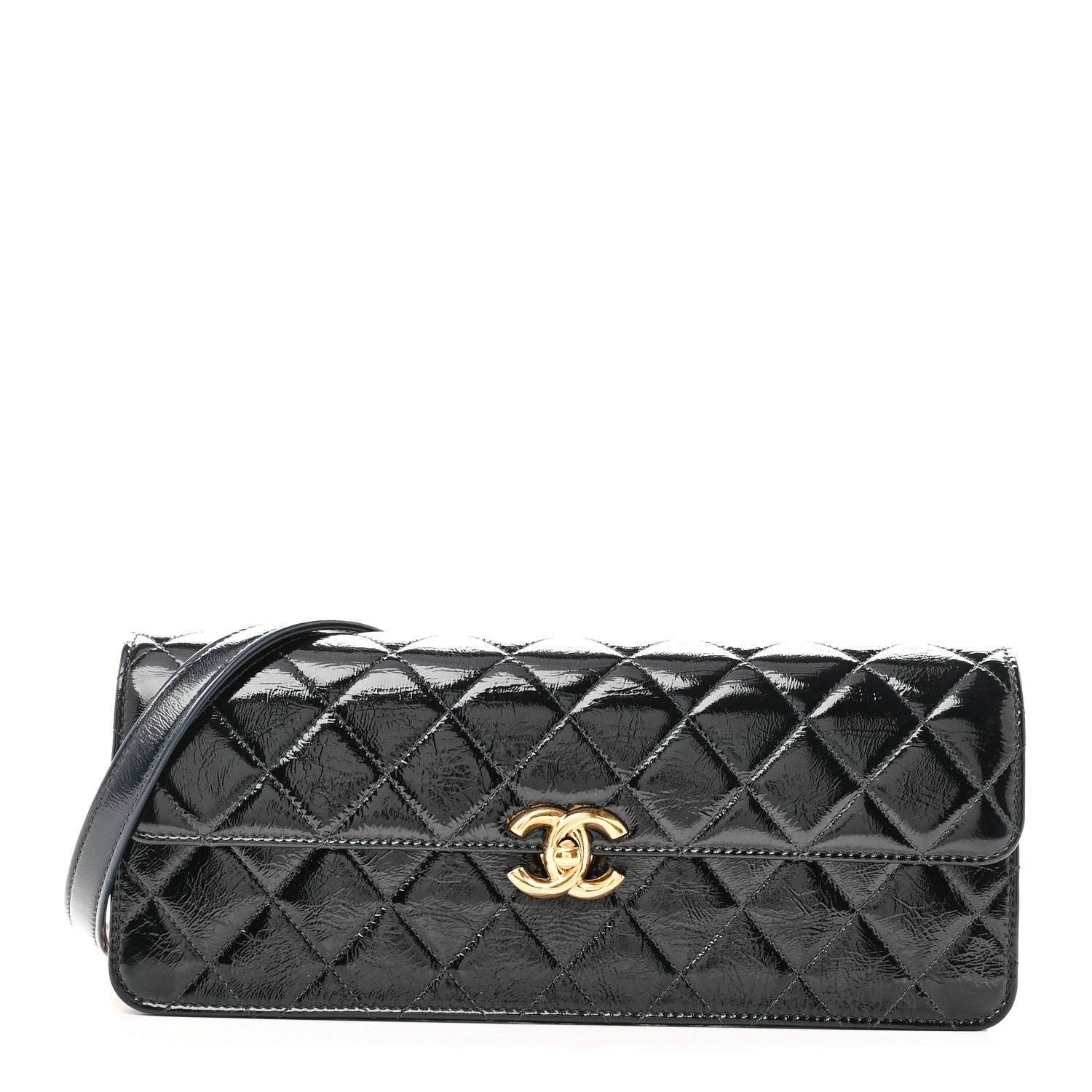 Chanel Patent Lambskin Quilted East West Flap Shoulder Bag Black