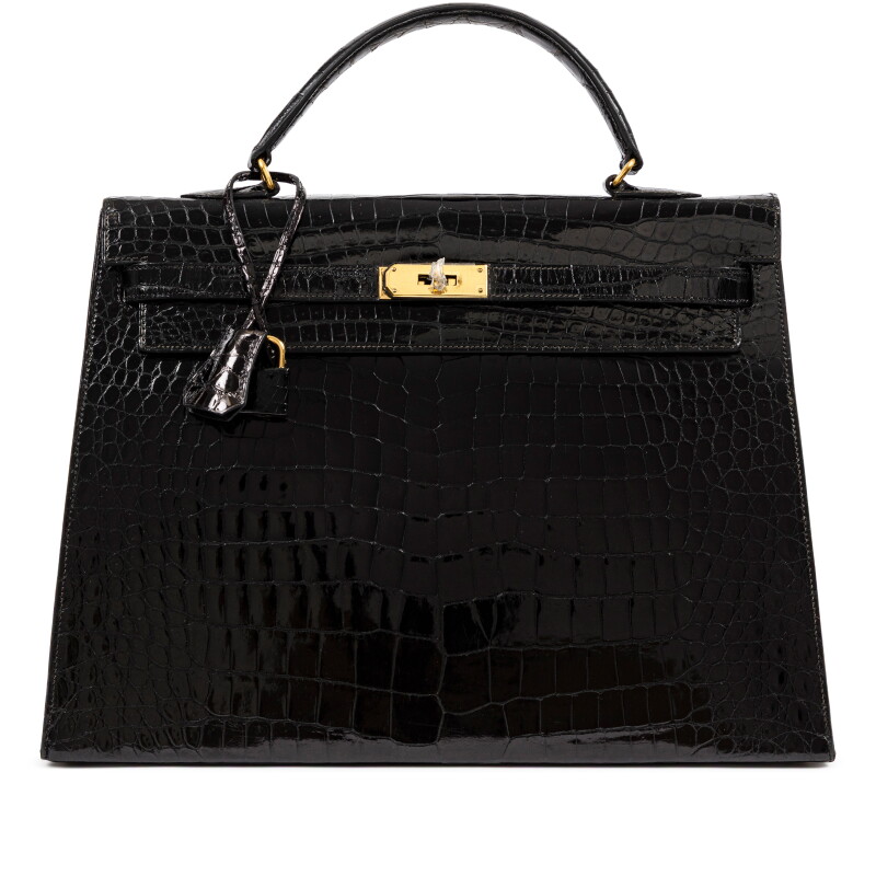 Vintage Black Shiny Crocodile Kelly 35 Sellier Gold Hardware