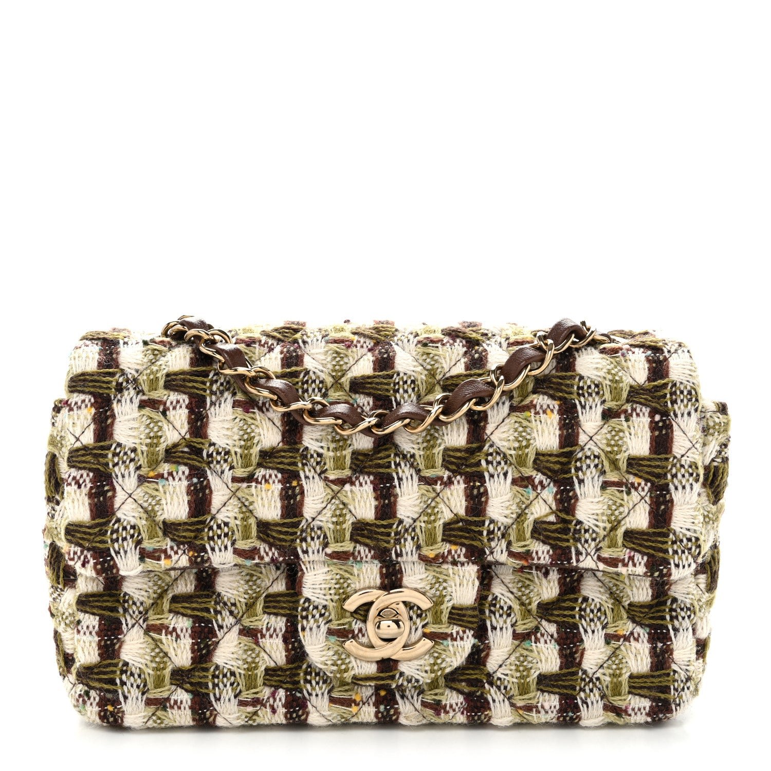 Chanel Tweed Quilted Mini Rectangular Flap Green Brown