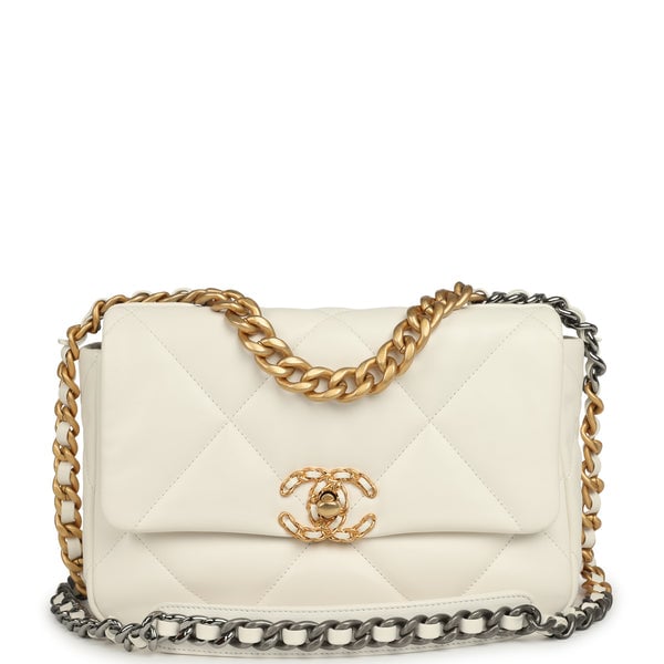 Pre-owned Chanel Medium 19 Flap Bag White Lambskin Mixed Metal Hardware