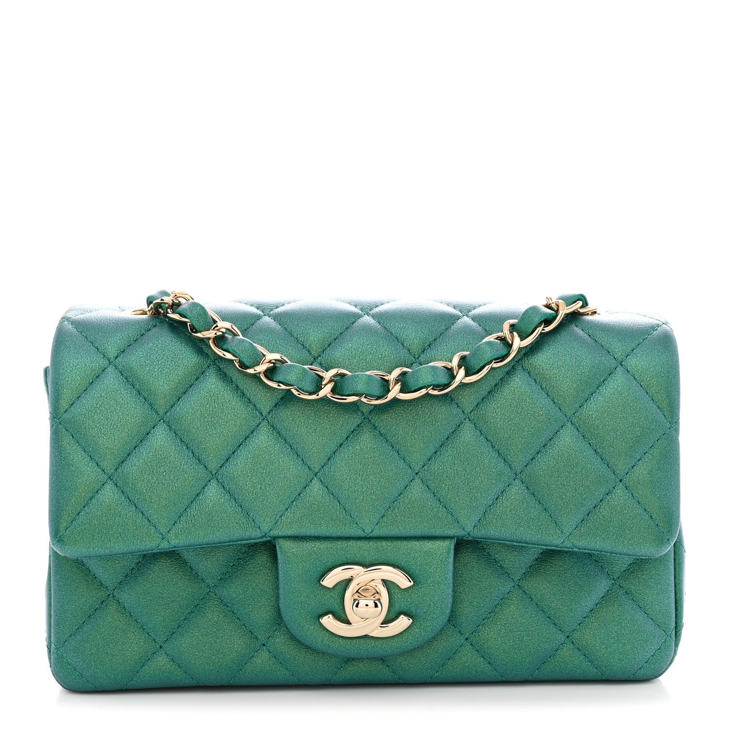 Chanel Iridescent Lambskin Quilted Mini Rectangular Flap Green