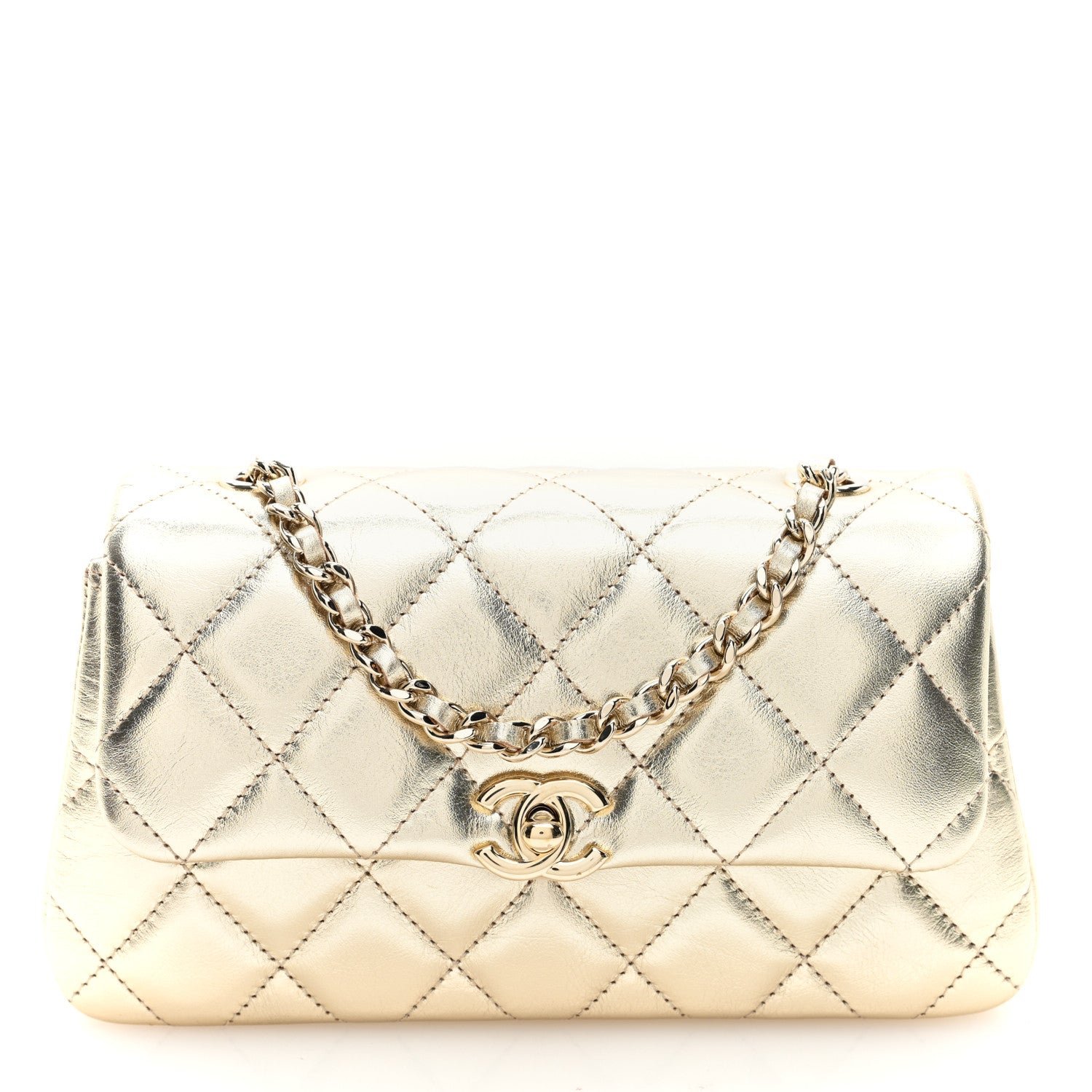 Chanel Metallic Lambskin Quilted Flap Phone Holder With Chain Gold