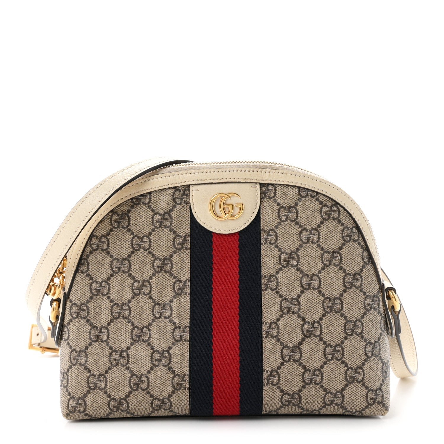 Gucci GG Supreme Monogram Textured Dollar Calfskin Web Small Ophidia Dome Shoulder Bag Beige Ebony Mystic White