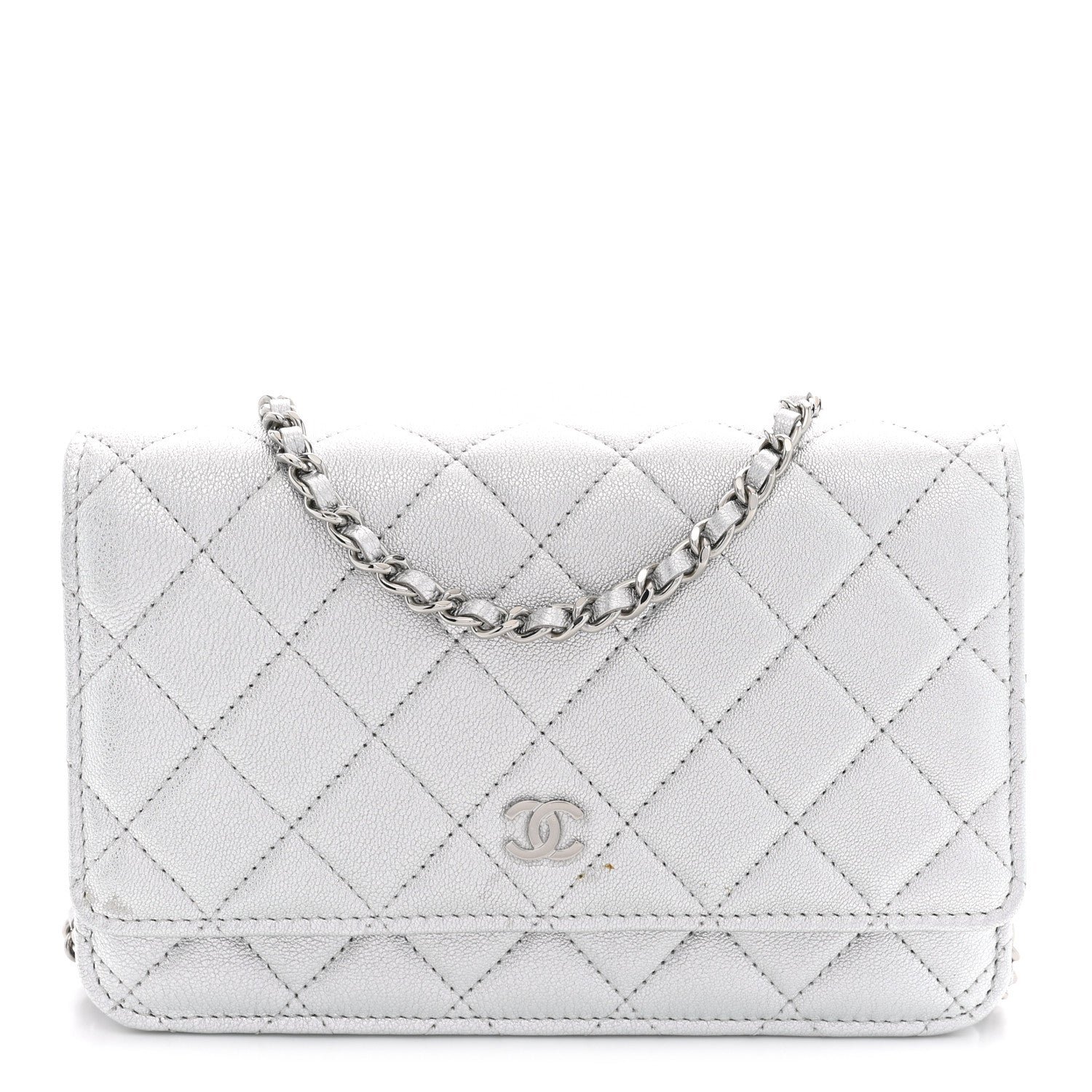Chanel Metallic Lambskin Quilted Wallet On Chain WOC Silver