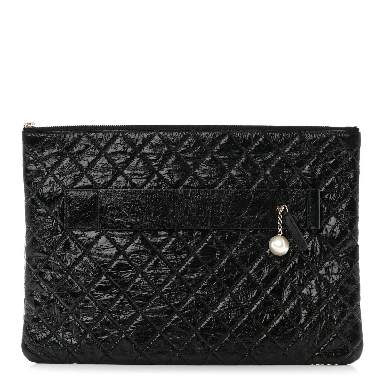 Chanel Shiny Crumpled Calfskin Quilted Medium Night by the C Pouch Clutch Black