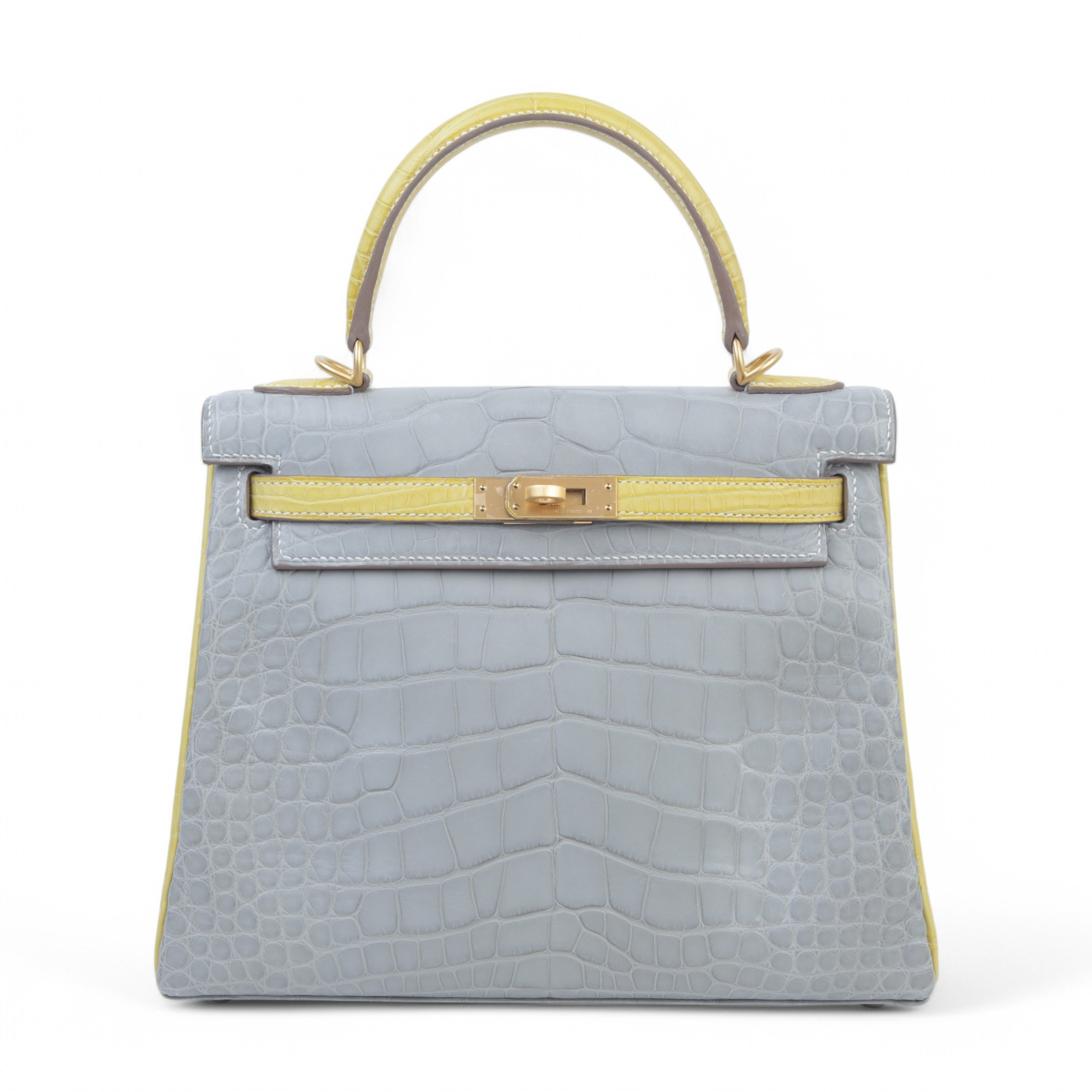 Hermes Unused ( Rank NS ) HERMÈS Kelly 25 Gris Perle (80) Jaune Citron (9N) Matte Alligator Brushed Gold hardware Z (2021)