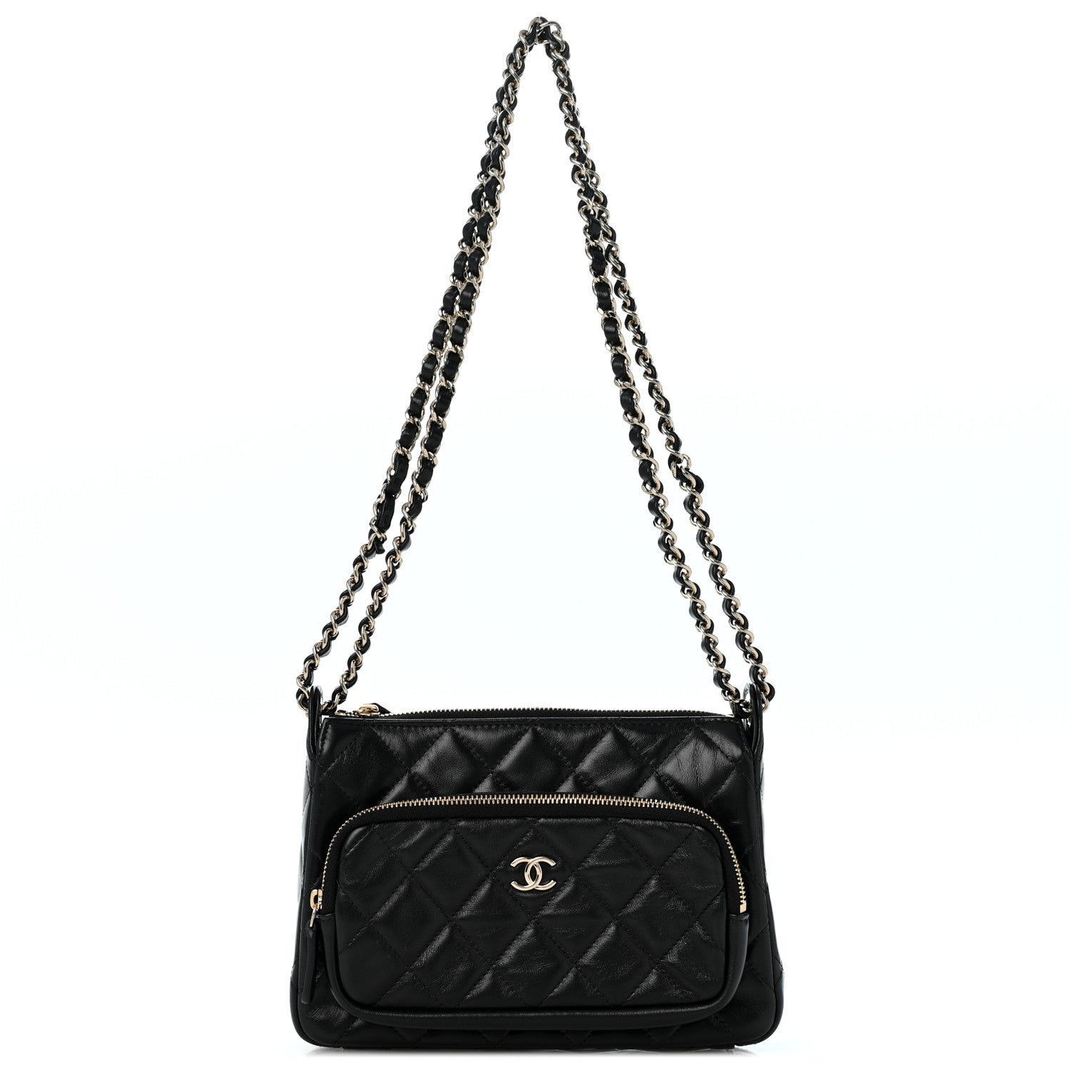 Chanel Shiny Crumpled Lambskin Quilted Small Preppy Pocket Clutch With Chain Black