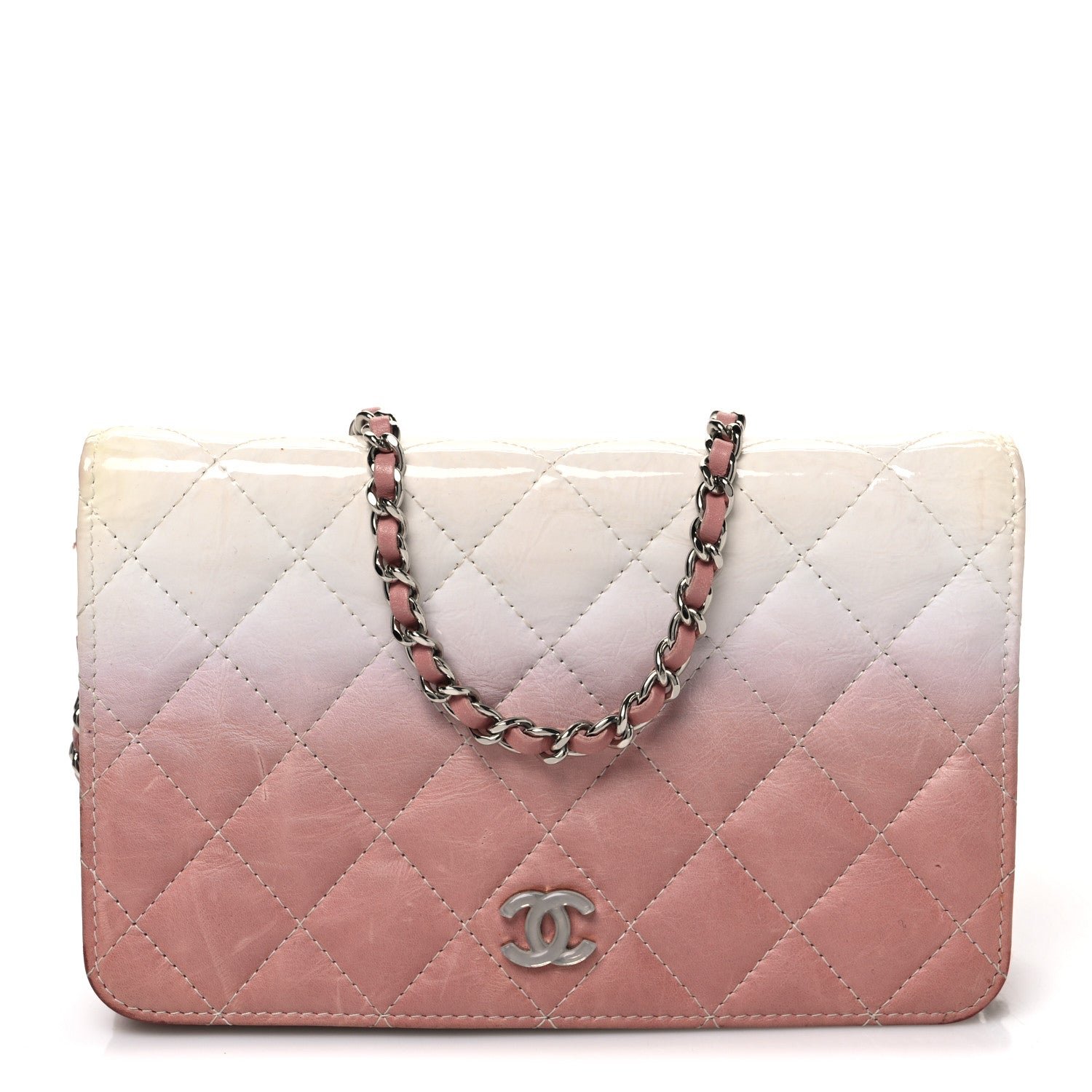 Chanel Ombre Patent Calfskin Quilted Wallet on Chain WOC Pink White