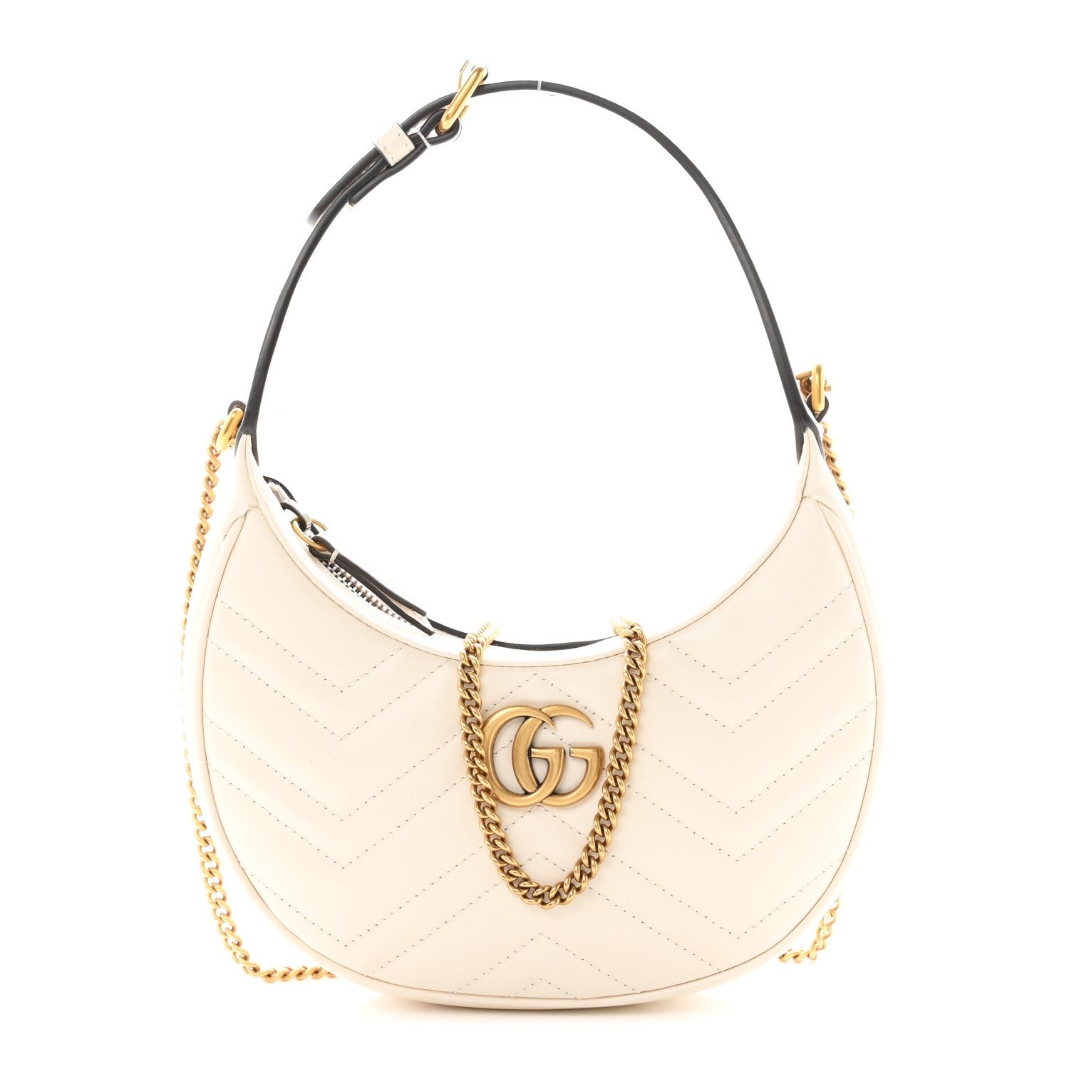 Gucci Calfskin Matelasse Chevron Mini GG Marmont Half Moon Hobo Mystic White