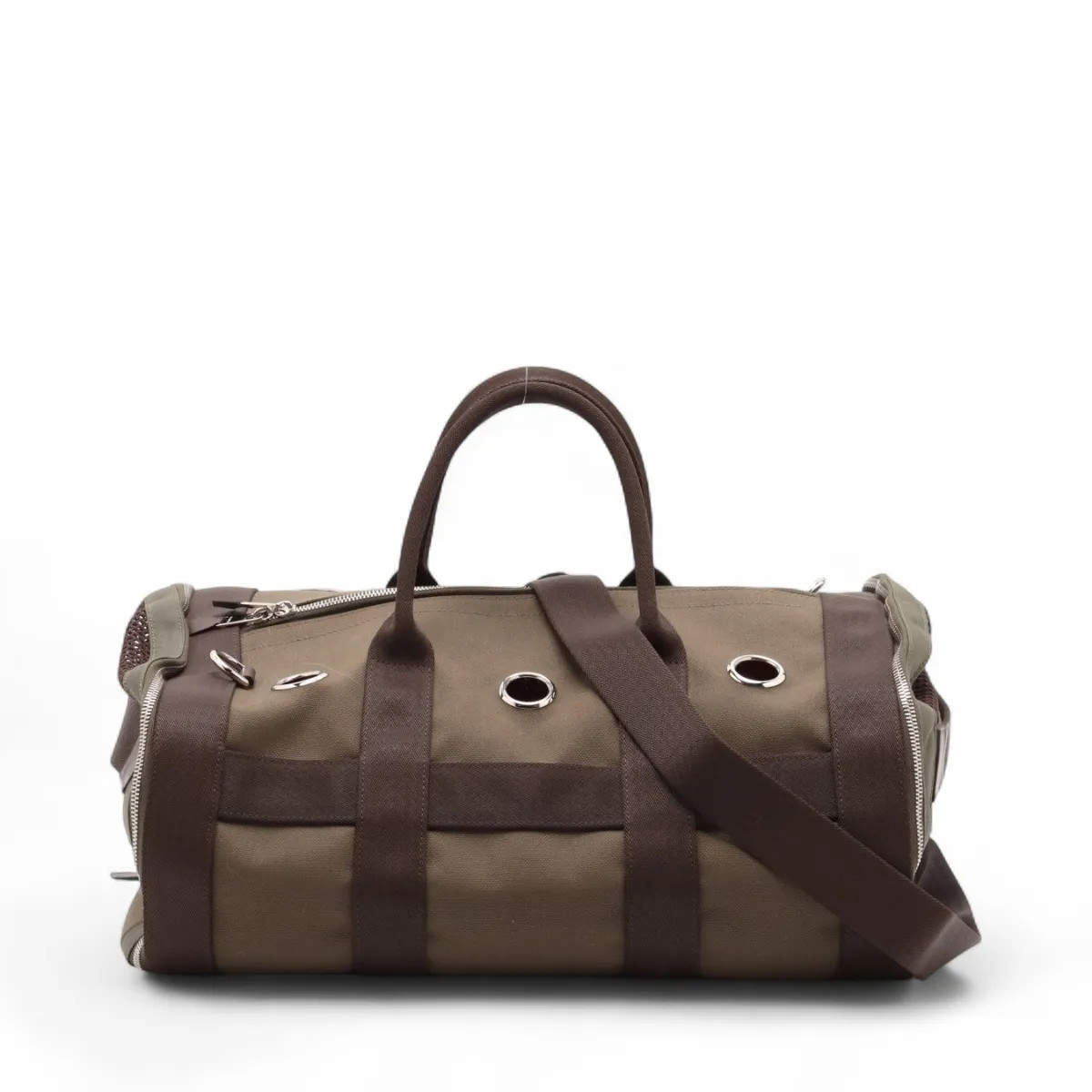 Hermès dog carrier Toile militaire Khaki Silver Metal Fittings