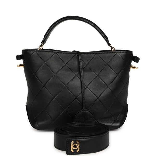 Pre-owned Chanel Top Handle Bucket Bag Black Calfskin Gold Hardware